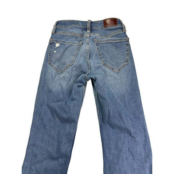 Hollister High Rise Flare Jeans Size 00R Medium Wash Distressed Ripped Knees - Picture 5 of 7